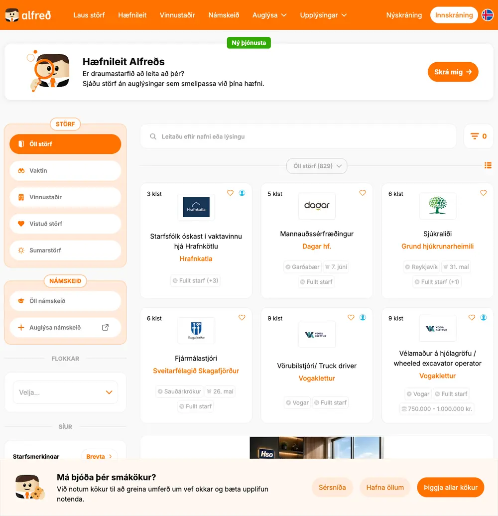 Alfreð job board platform screenshot showing job search interface