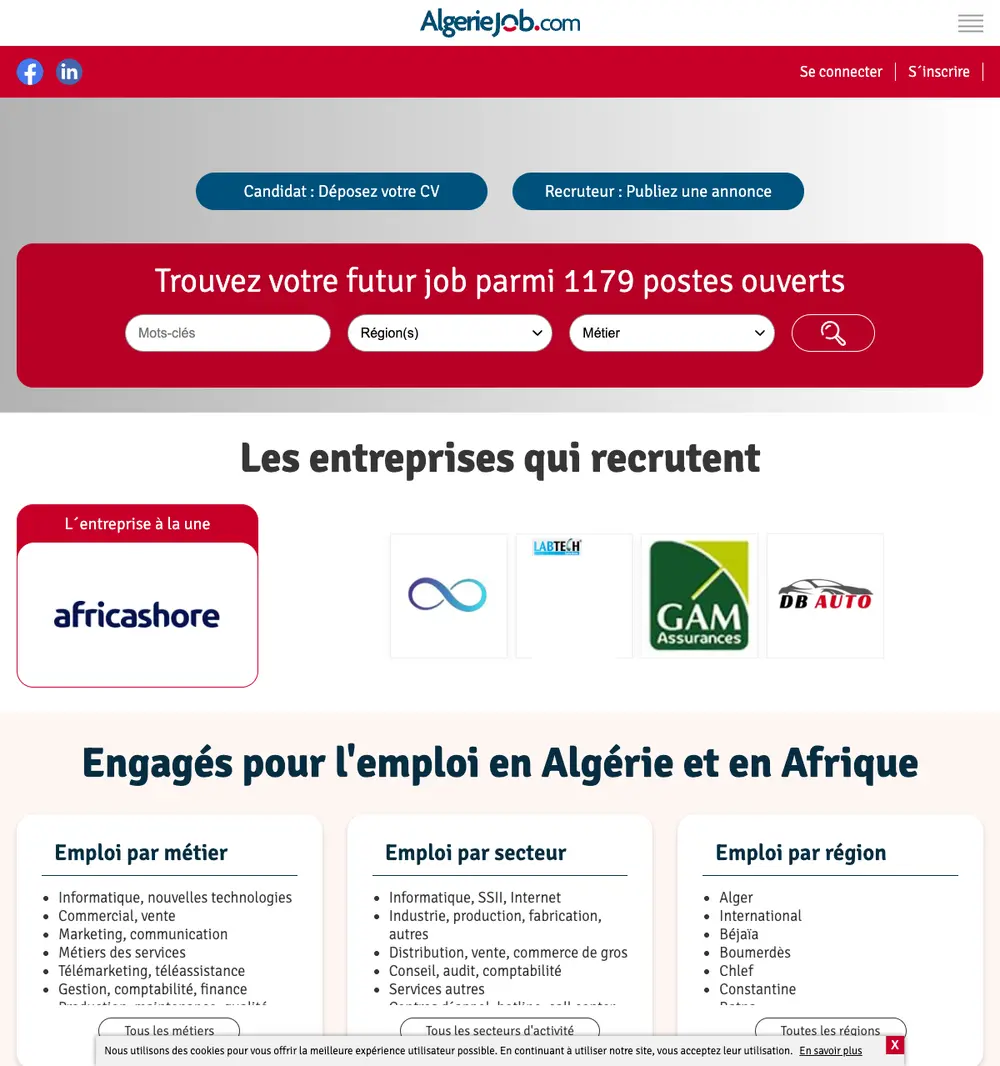 AlgerieJob job board platform screenshot showing job search interface