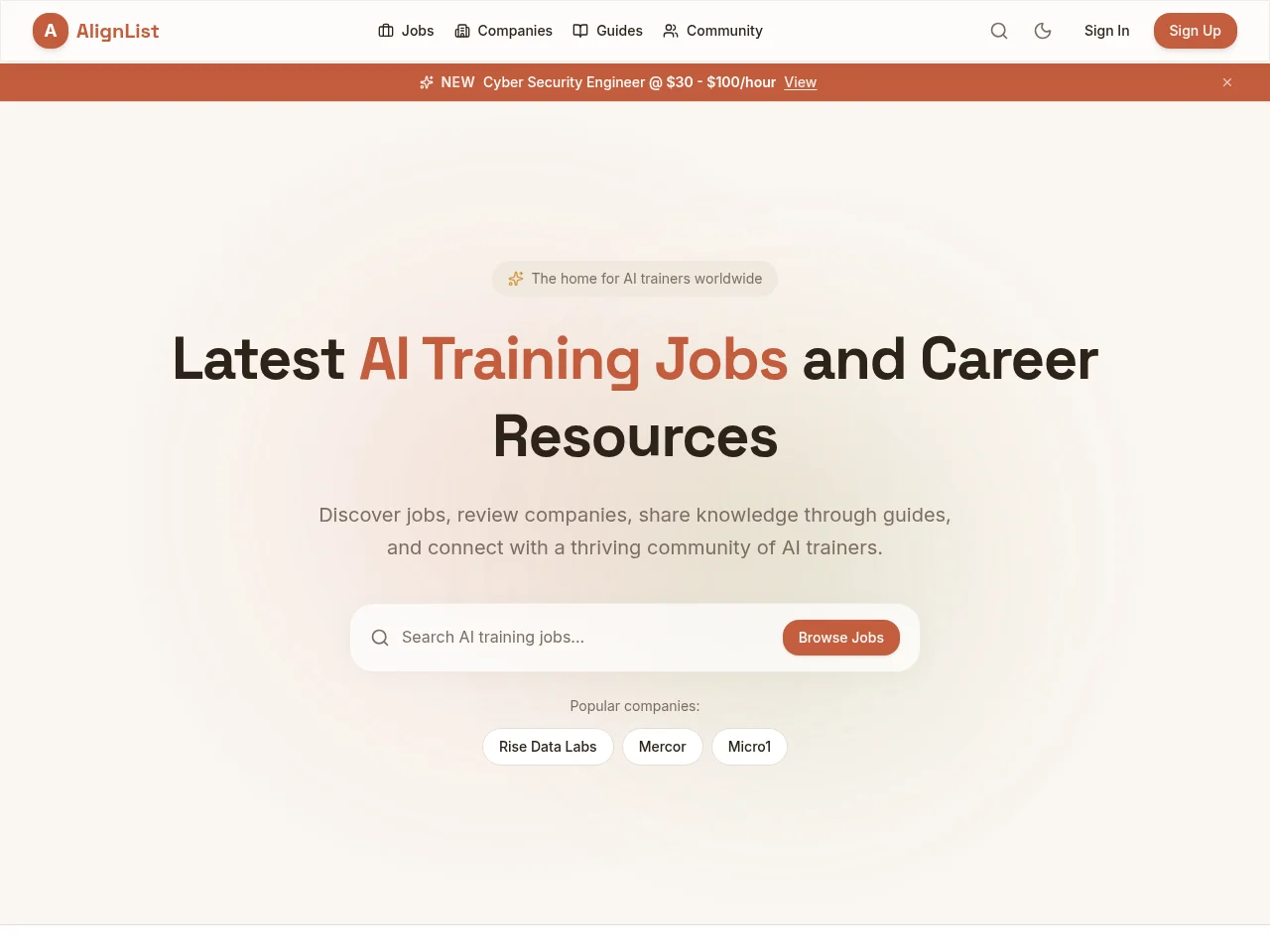 AlignList job board platform screenshot showing job search interface
