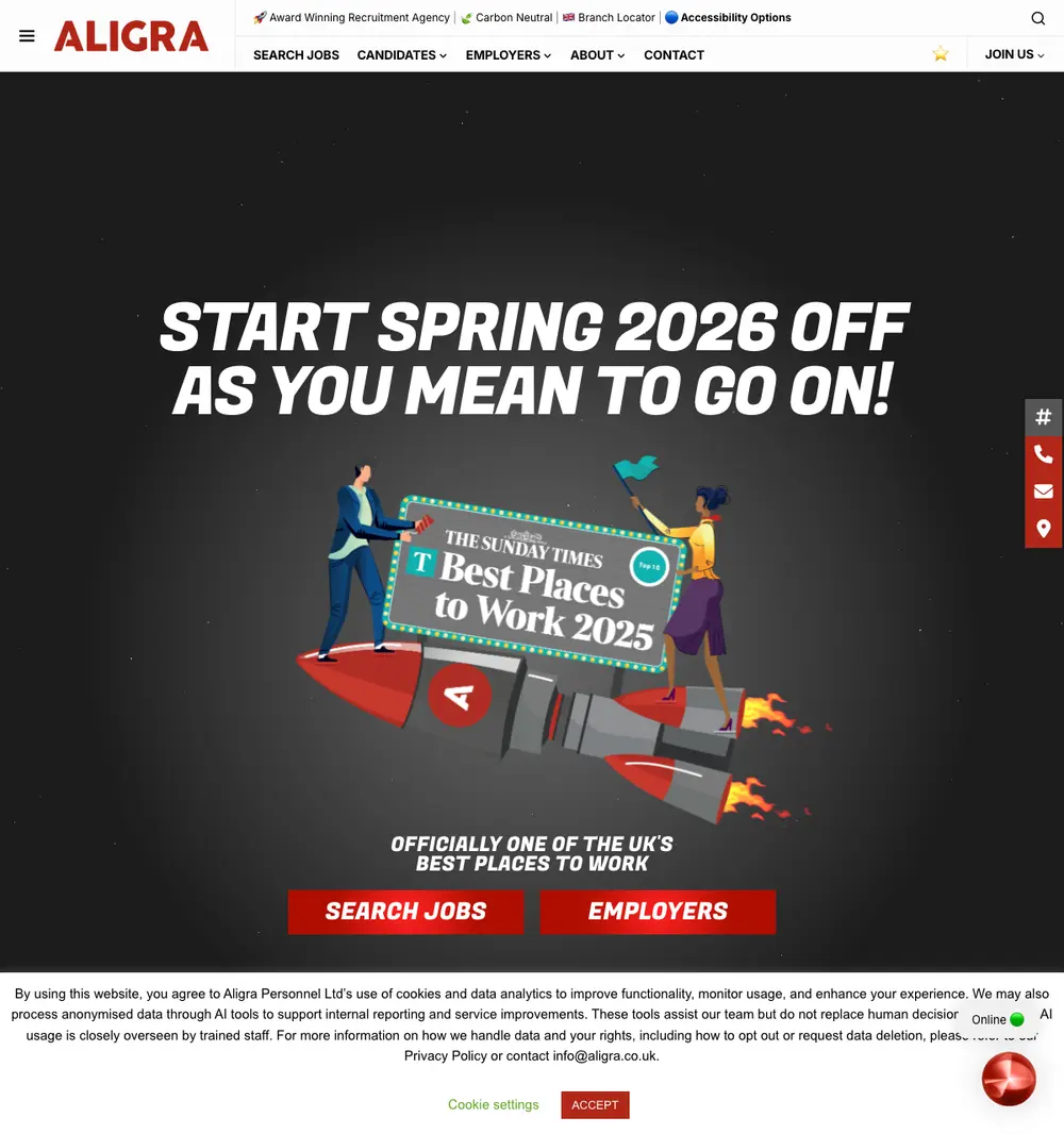 Aligra.co.uk job board platform screenshot showing job search interface