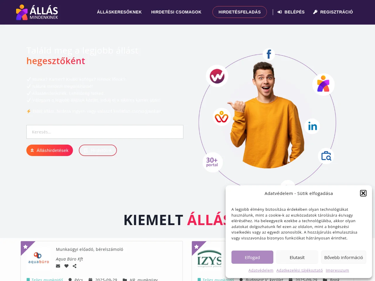 ÁllásMindenkinek.hu job board platform screenshot showing job search interface