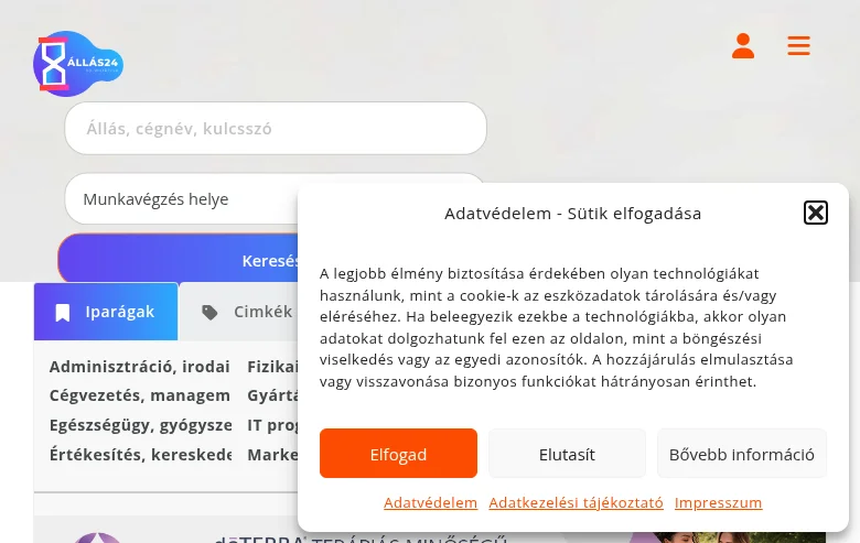 Állás24 screenshot Állás24 job board platform screenshot showing job search interface