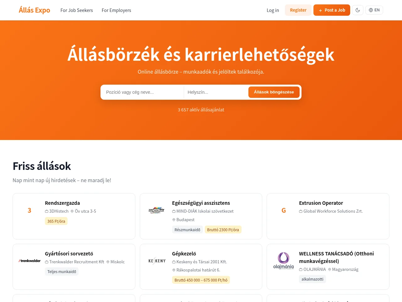 Állás Expo job board platform screenshot showing job search interface