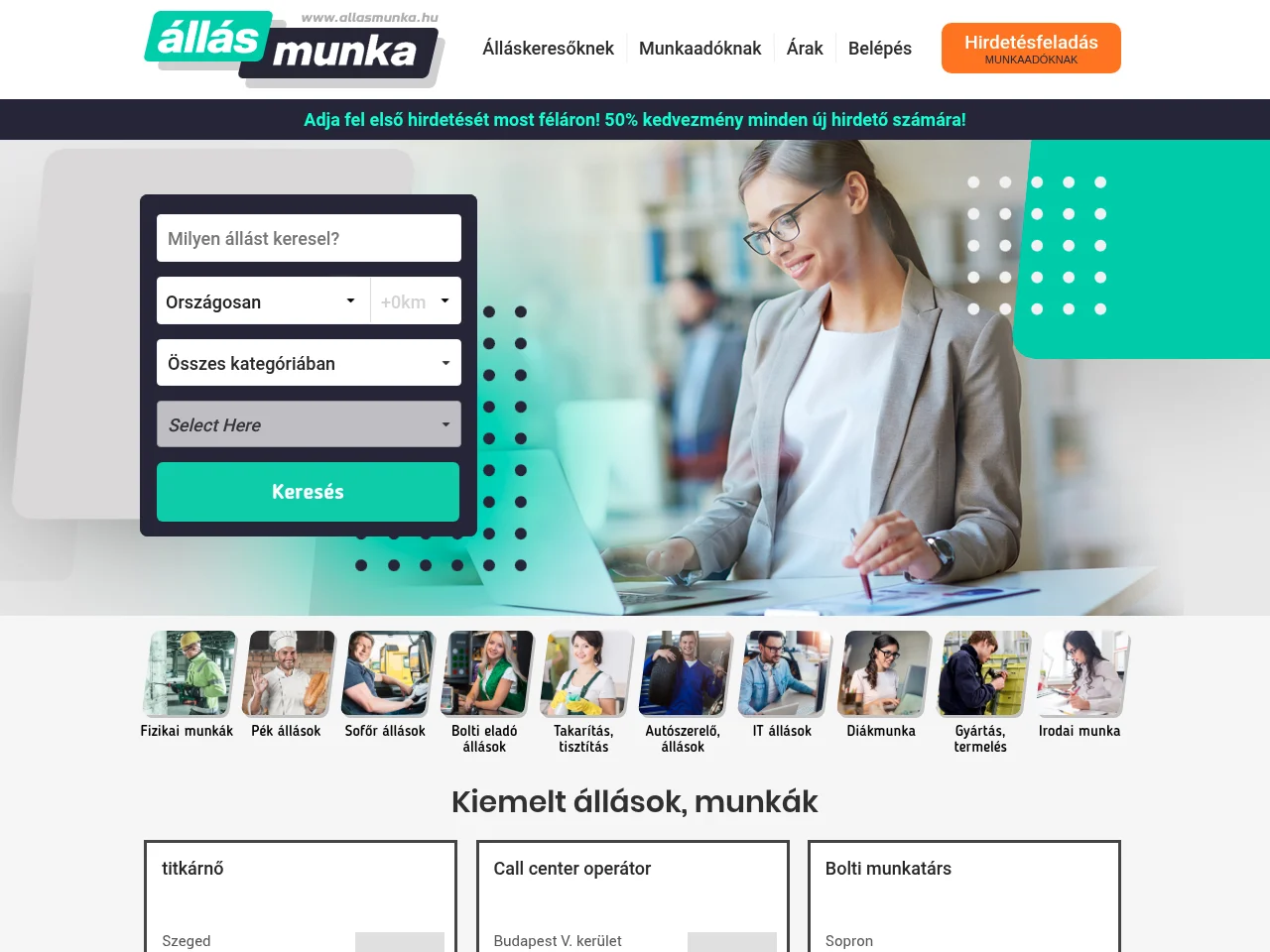 Állásmunka.hu job board platform screenshot showing job search interface