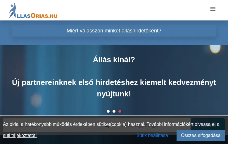 AllasOrias.hu job board platform screenshot showing job search interface