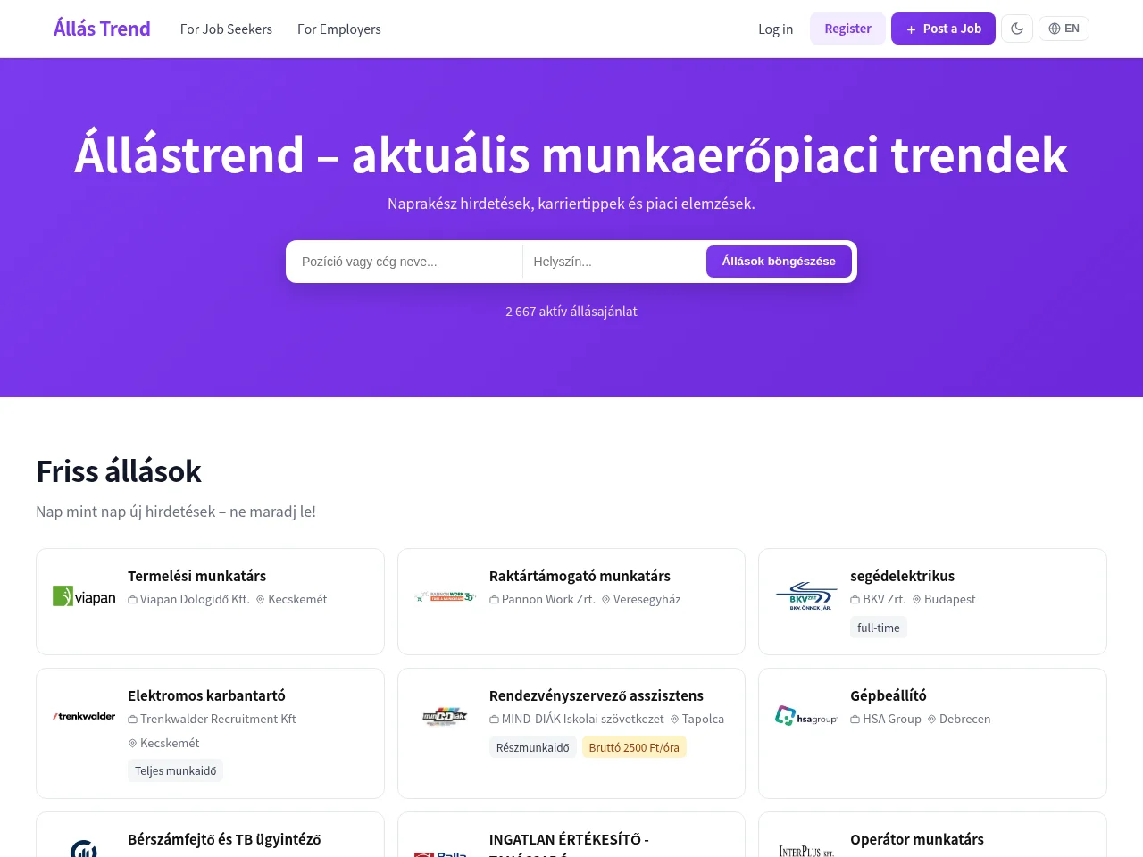 Állás Trend job board platform screenshot showing job search interface