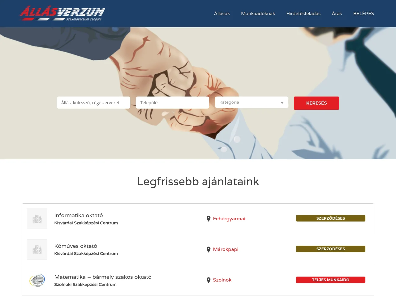 Állásverzum job board platform screenshot showing job search interface