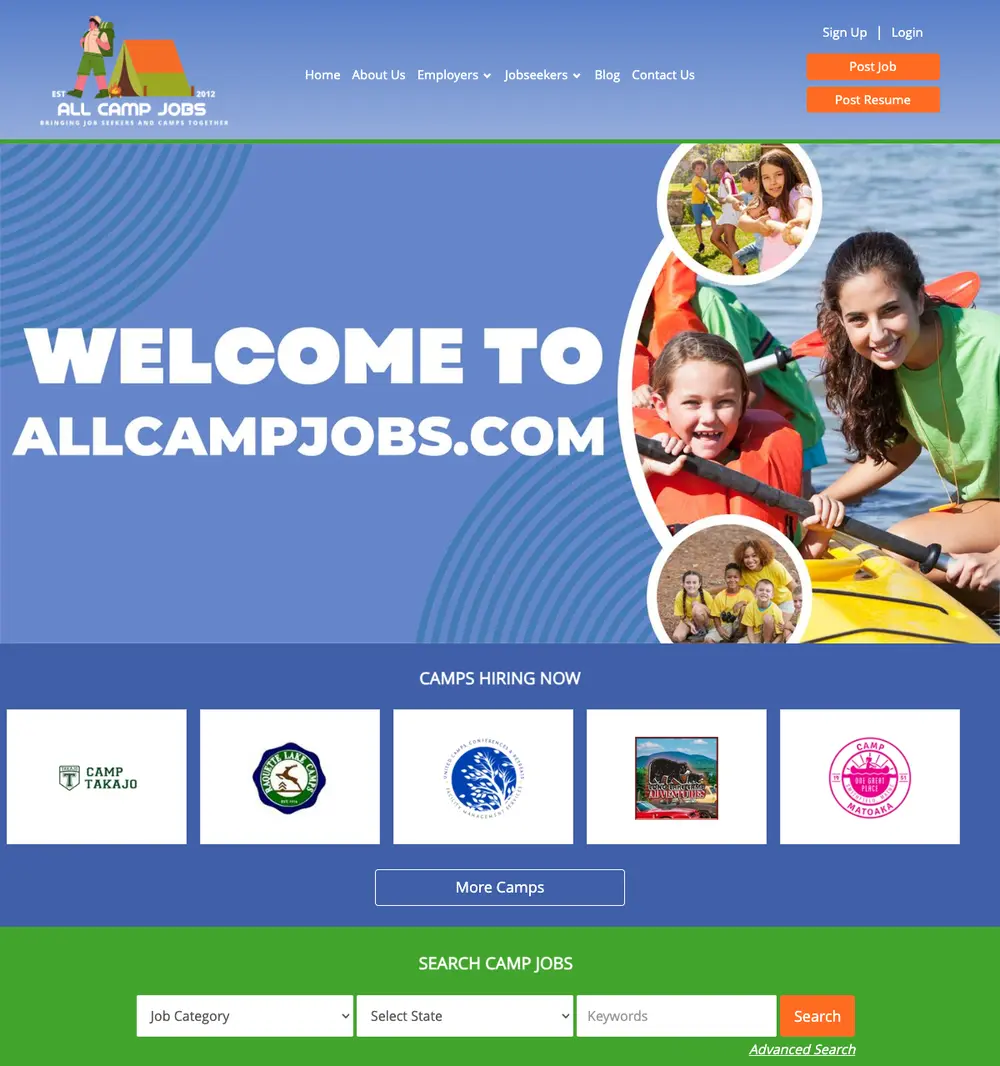 All Camp Jobs job board platform screenshot showing job search interface