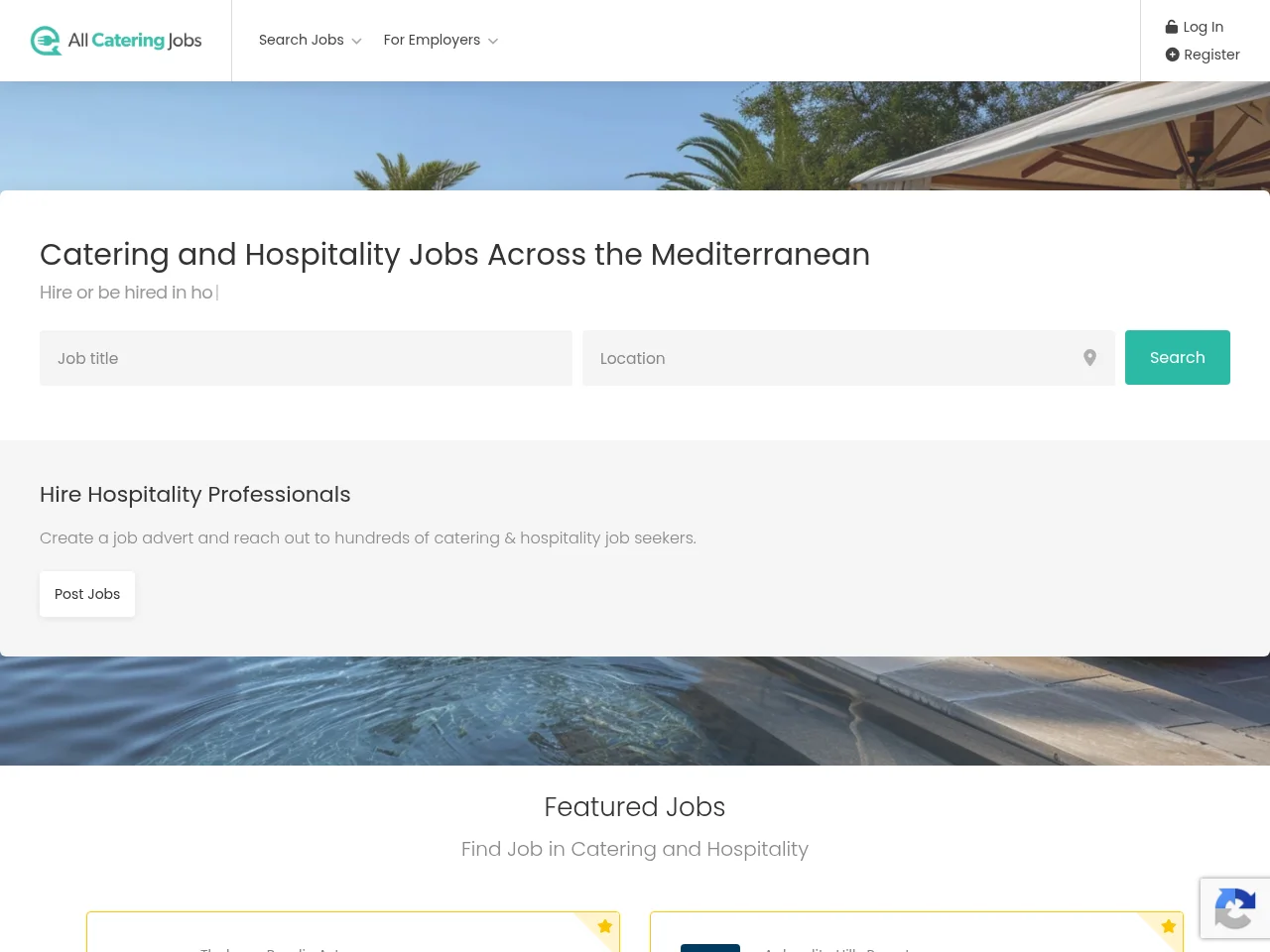 All Catering Jobs job board platform screenshot showing job search interface