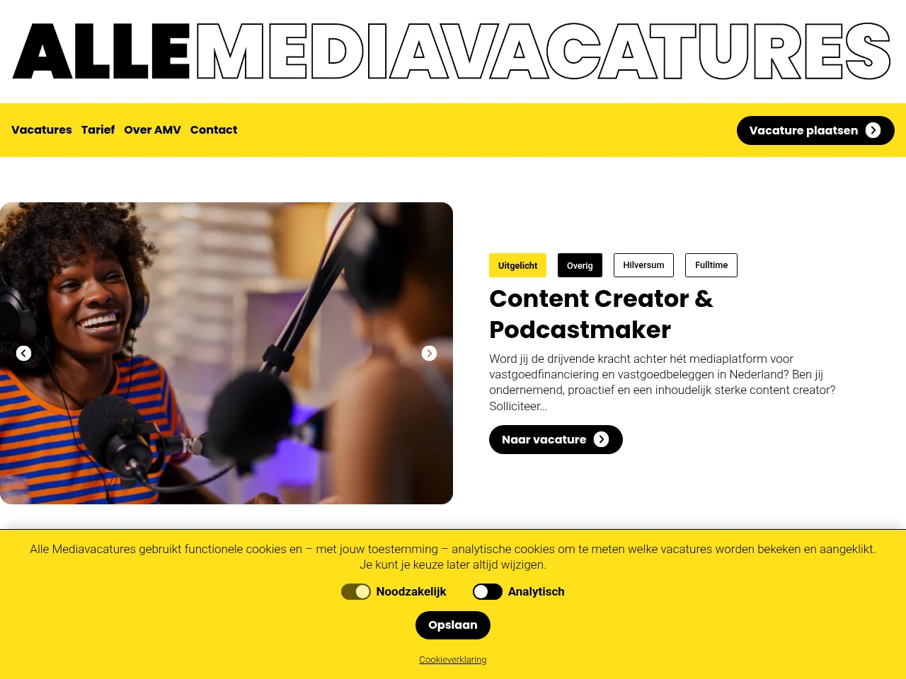 Alle Mediavacatures job board platform screenshot showing job search interface