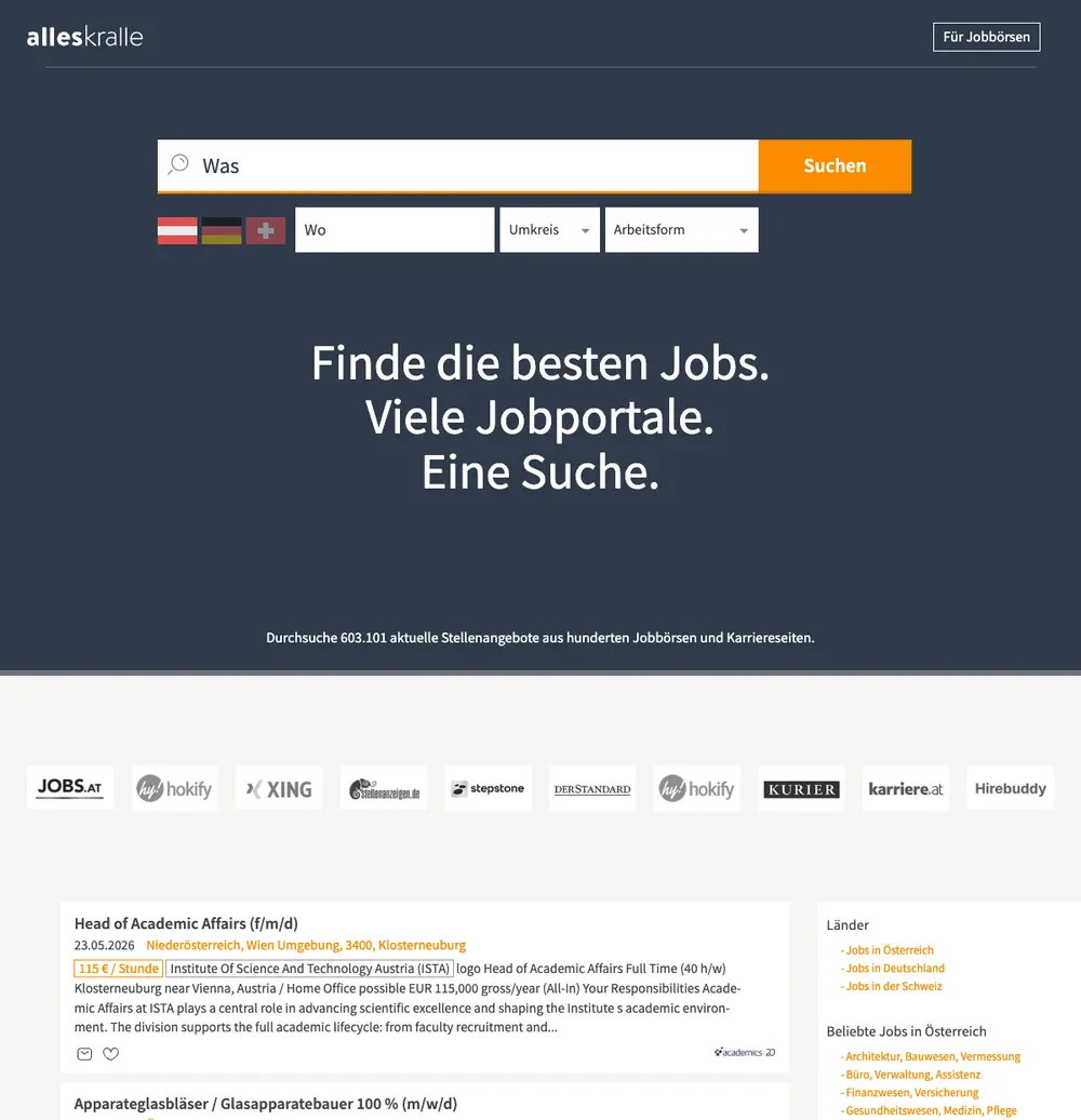 alleskralle job board platform screenshot showing job search interface