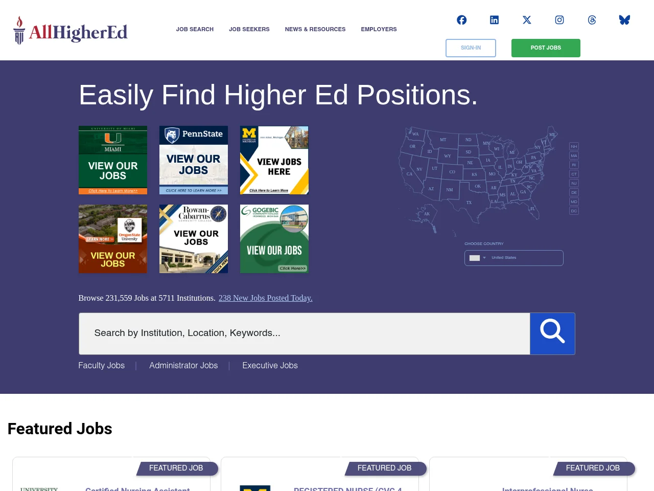 AllHigherEd.com job board platform screenshot showing job search interface