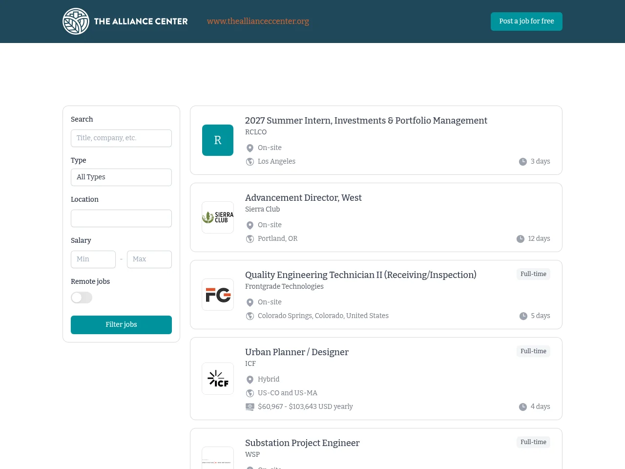 Alliance Center Green Jobs Board screenshot Alliance Center Green Jobs Board job board platform screenshot showing job search interface
