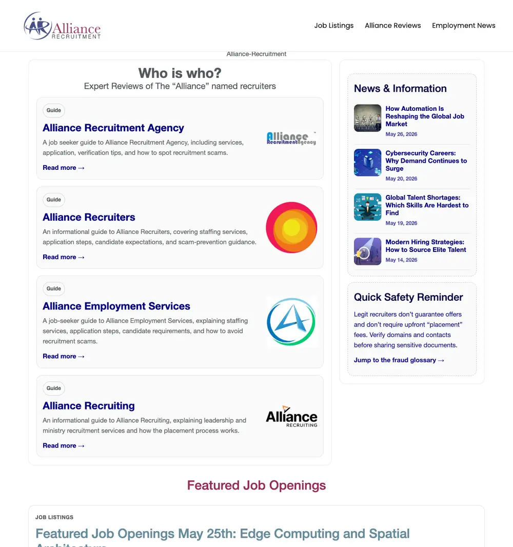 Alliance Recruitment job board platform screenshot showing job search interface