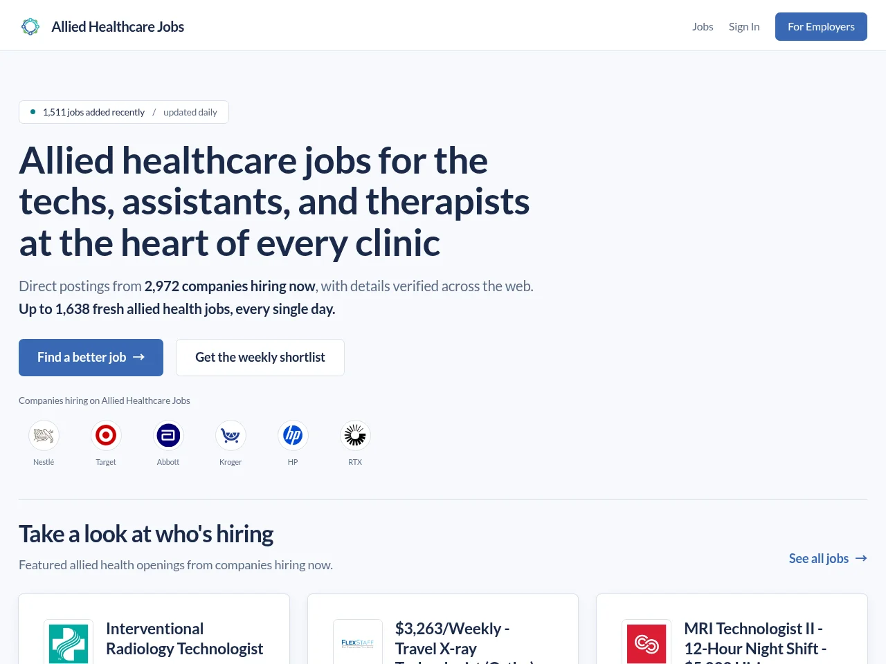 Allied Healthcare Jobs job board platform screenshot showing job search interface