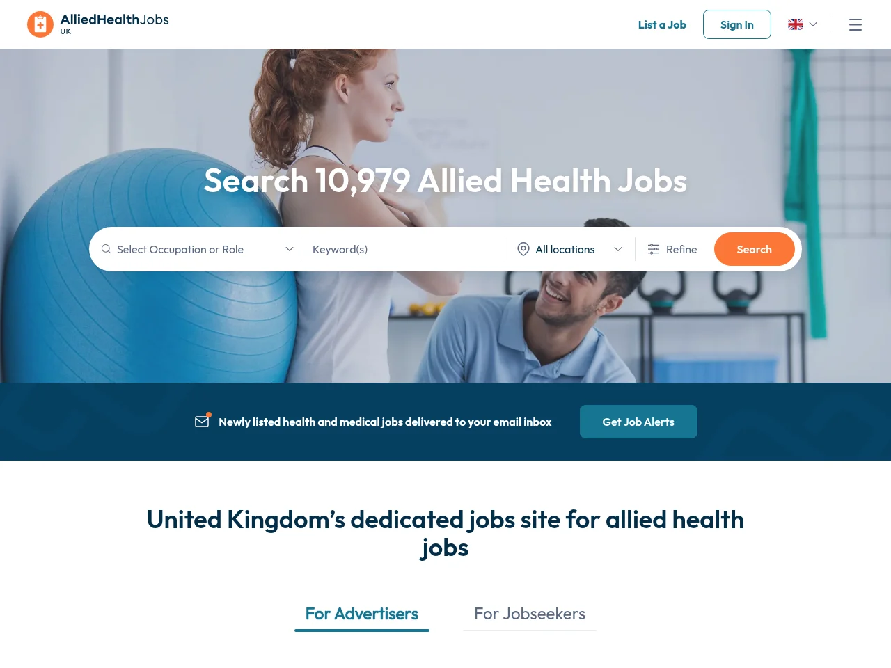 Allied Health Jobs UK job board platform screenshot showing job search interface