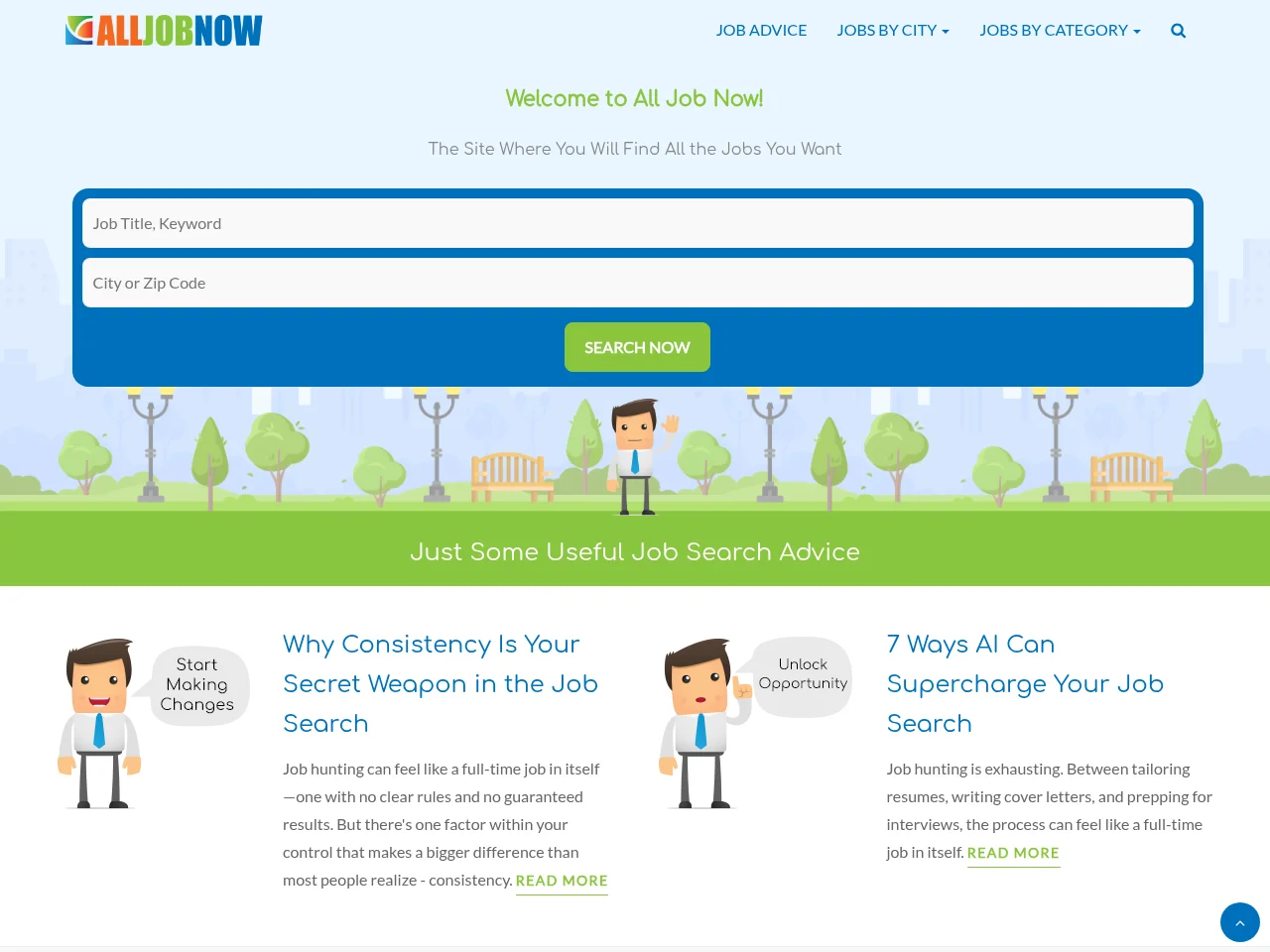 All Job Now job board platform screenshot showing job search interface
