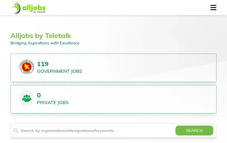 Alljobs by Teletalk job board platform screenshot showing job search interface
