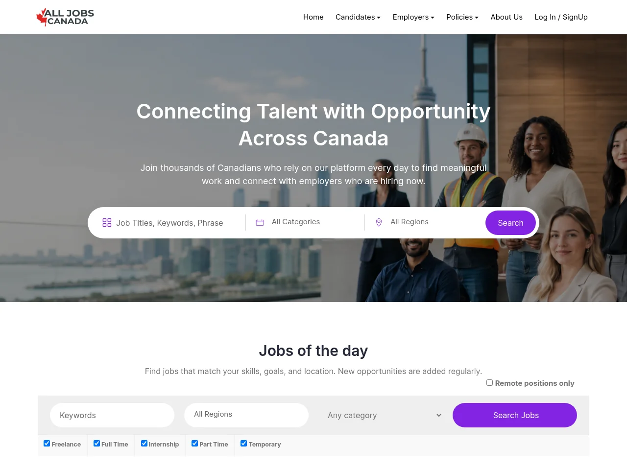 All Jobs Canada job board platform screenshot showing job search interface