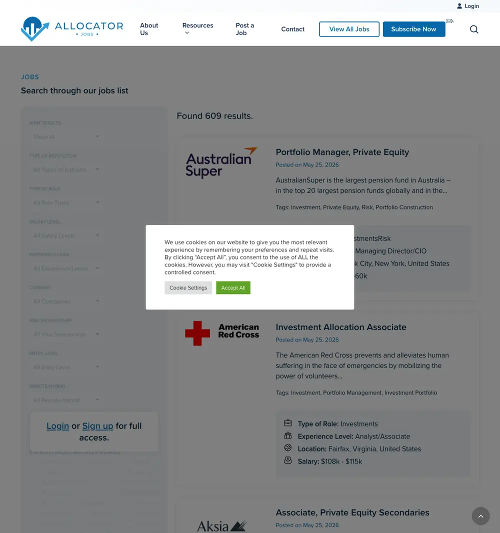 Allocator Jobs job board platform screenshot showing job search interface