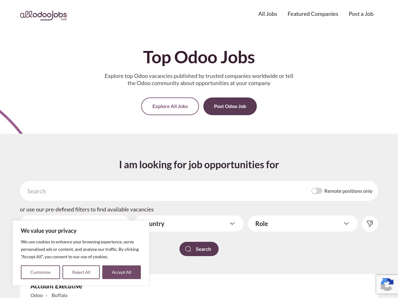 All Odoo Jobs job board platform screenshot showing job search interface