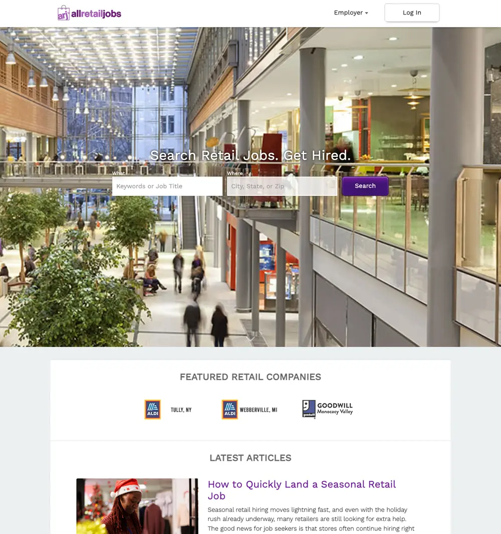 AllRetailJobs.com job board platform screenshot showing job search interface