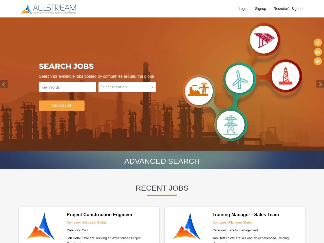 Allstream Job Portal job board platform screenshot showing job search interface