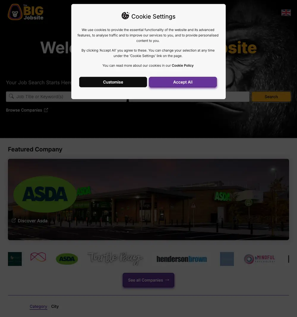 The BIG Jobsite job board platform screenshot showing job search interface