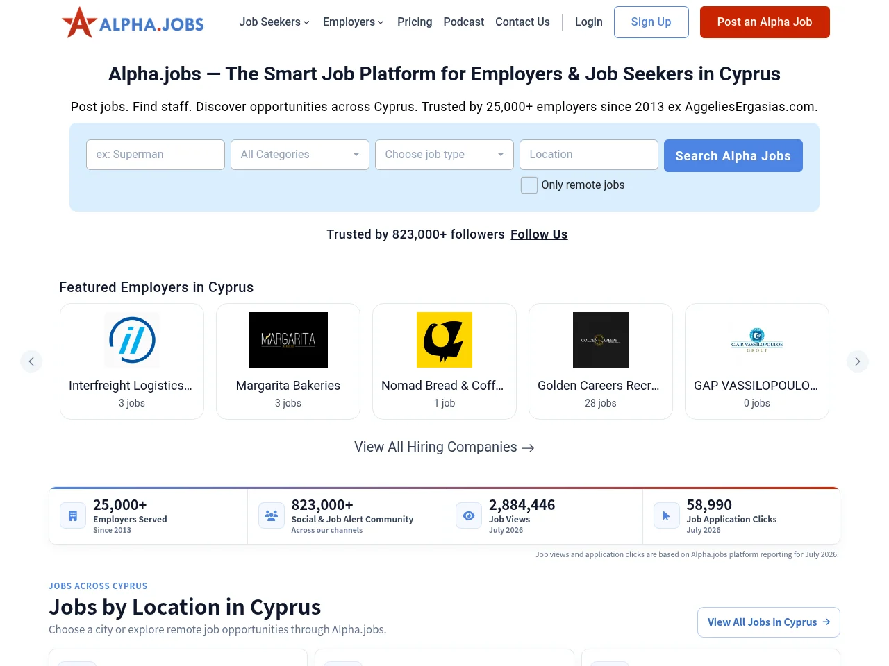 Alpha.jobs job board platform screenshot showing job search interface