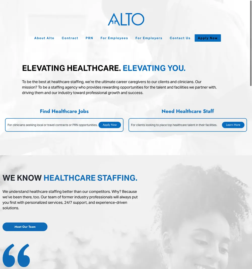 Alto Health Care Staffing job board platform screenshot showing job search interface