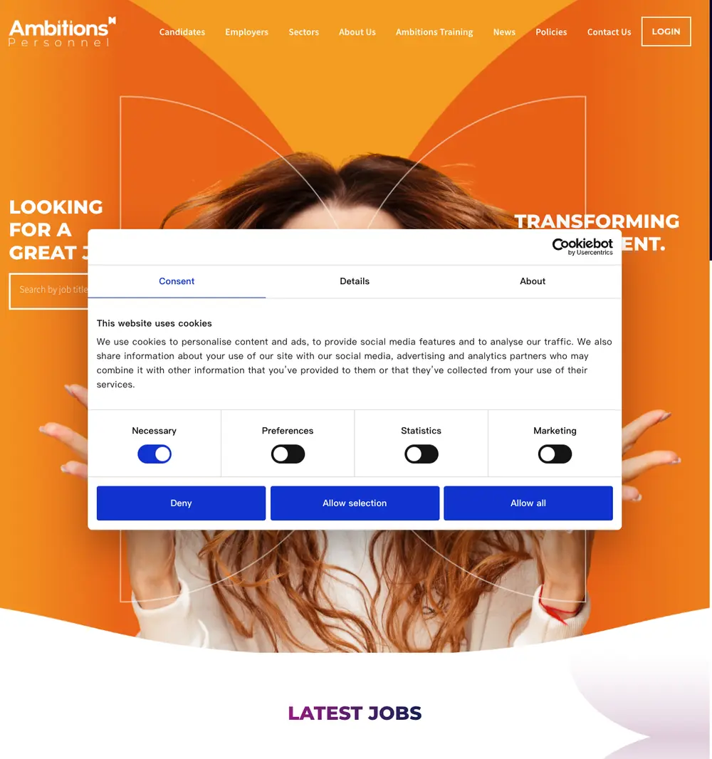 Ambitions Personnel job board platform screenshot showing job search interface