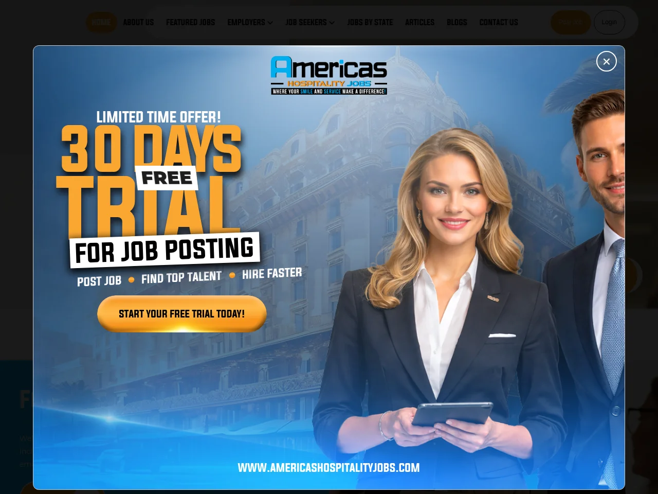 America's Hospitality Jobs job board platform screenshot showing job search interface