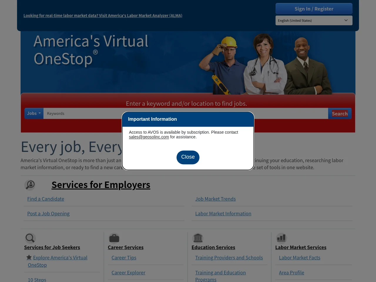 America's Virtual OneStop screenshot America's Virtual OneStop job board platform screenshot showing job search interface