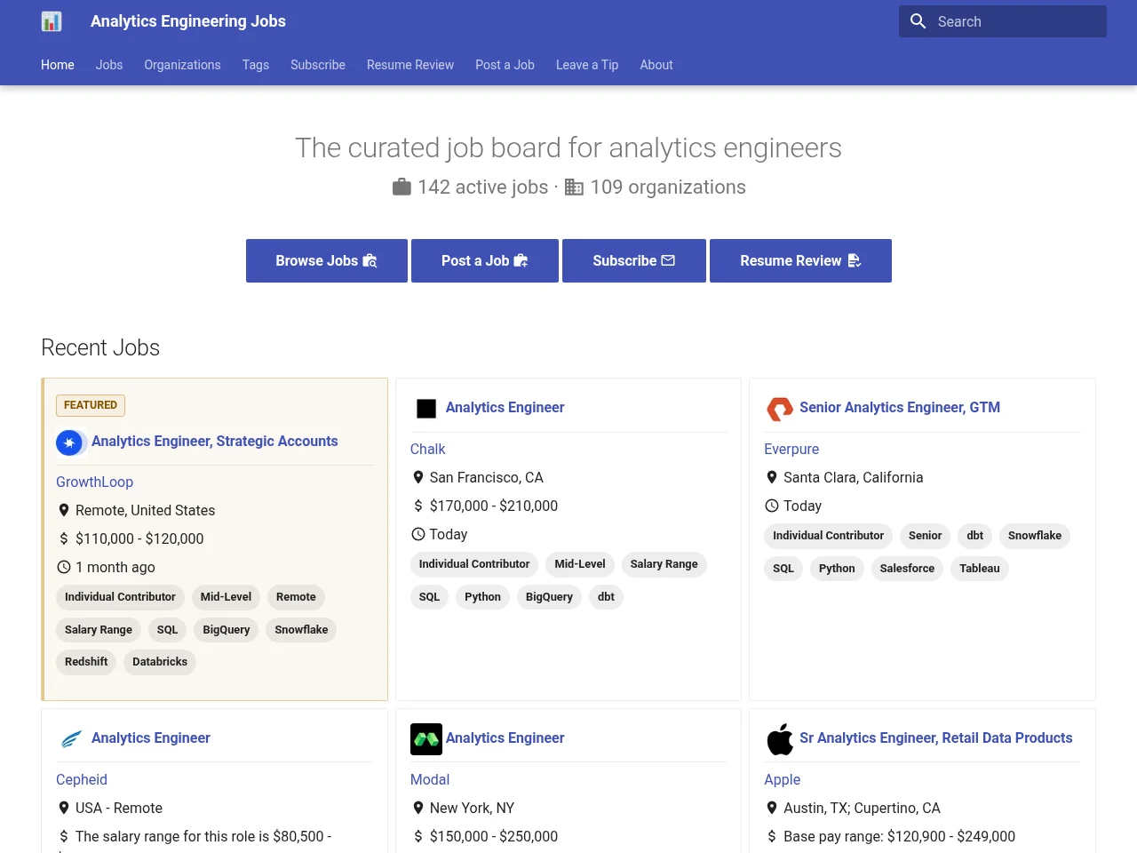 Analytics Engineering Jobs job board platform screenshot showing job search interface