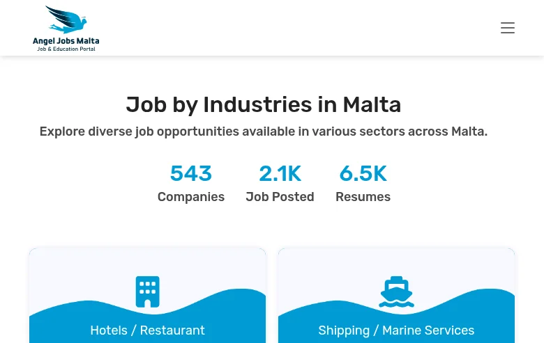 Angel Jobs Malta job board platform screenshot showing job search interface
