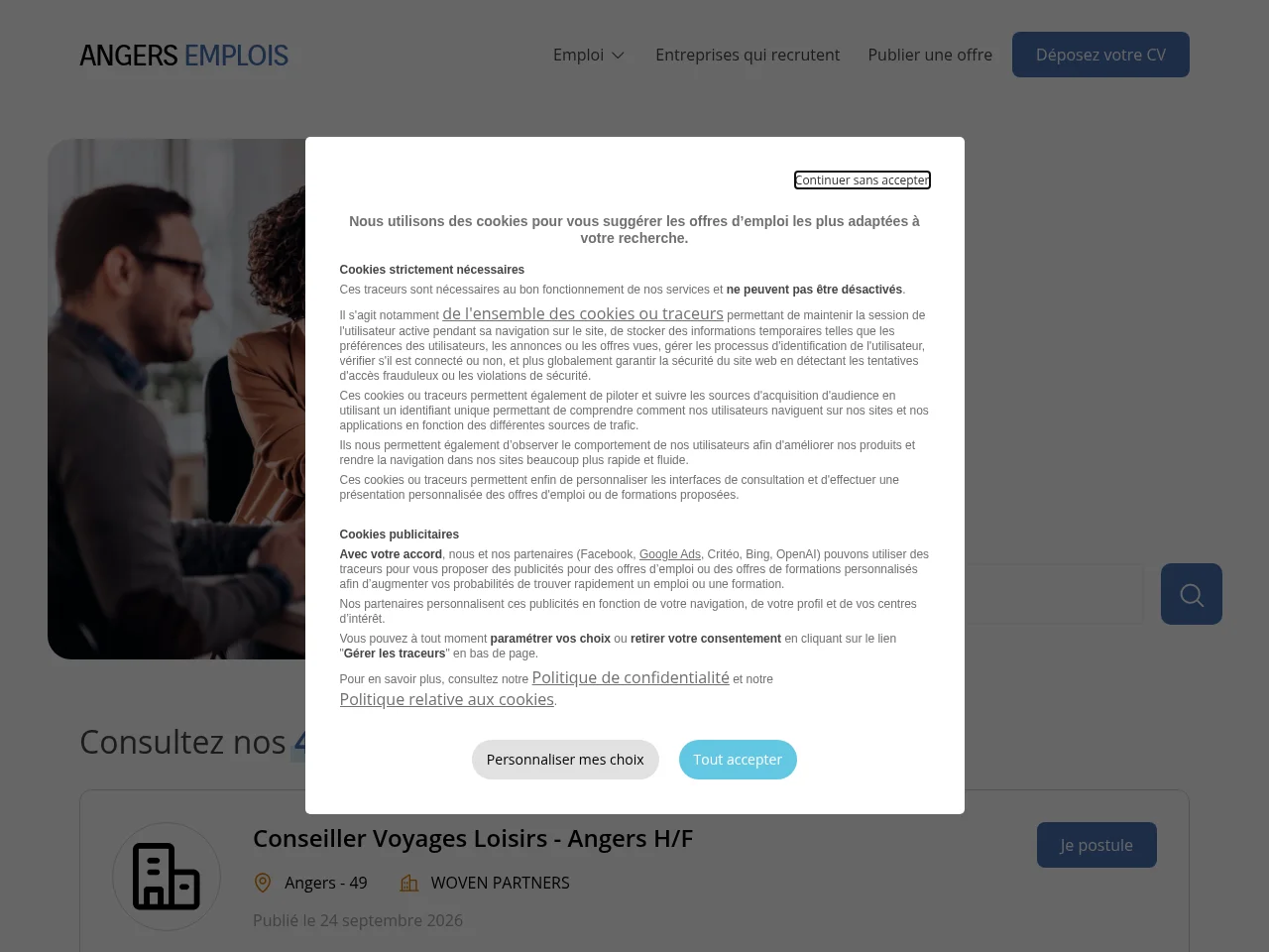 Angers Emplois job board platform screenshot showing job search interface