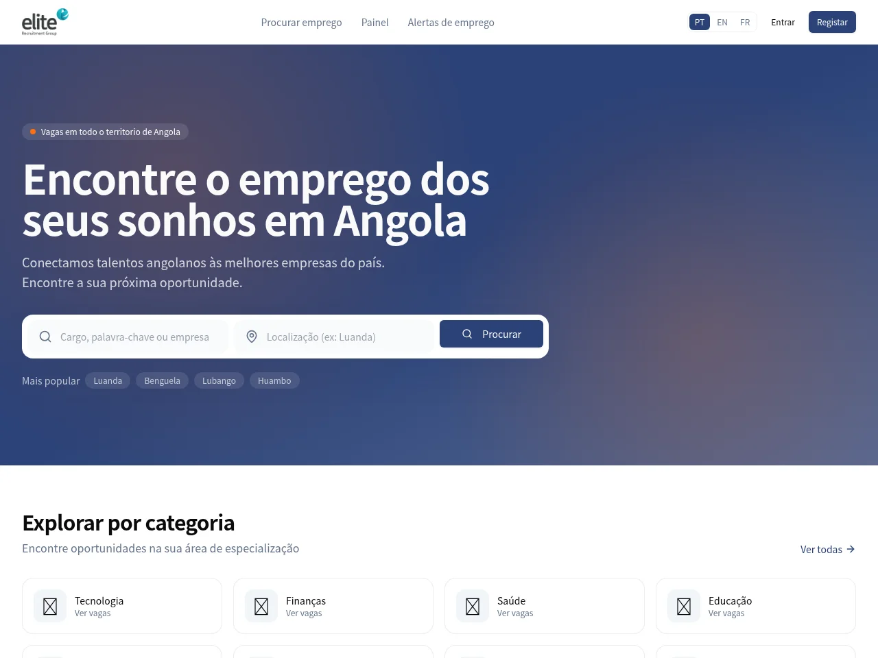 Elite Recruitment Angola job board platform screenshot showing job search interface