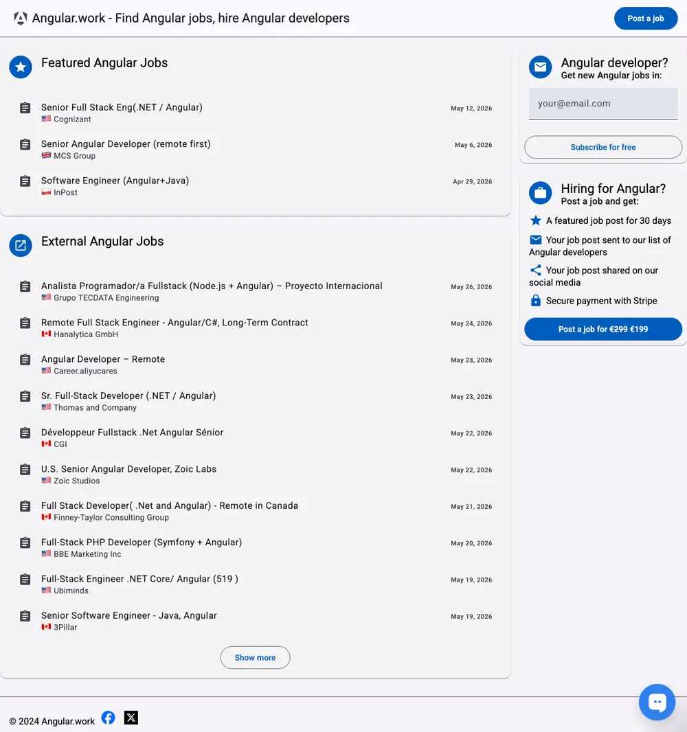 Angular.work job board platform screenshot showing job search interface