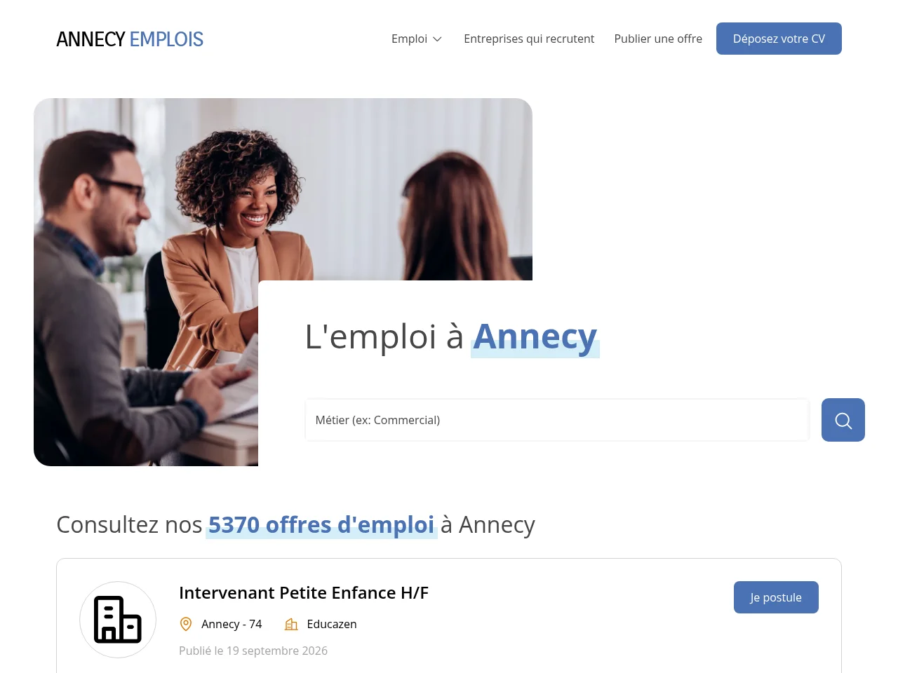 Annecy Emplois job board platform screenshot showing job search interface