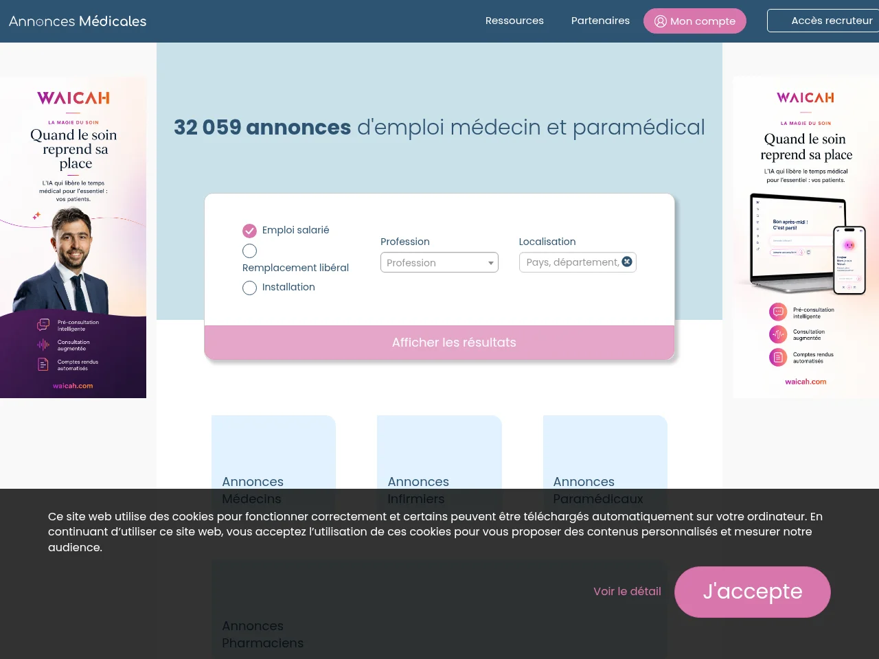 Annonces Médicales screenshot Annonces Médicales job board platform screenshot showing job search interface