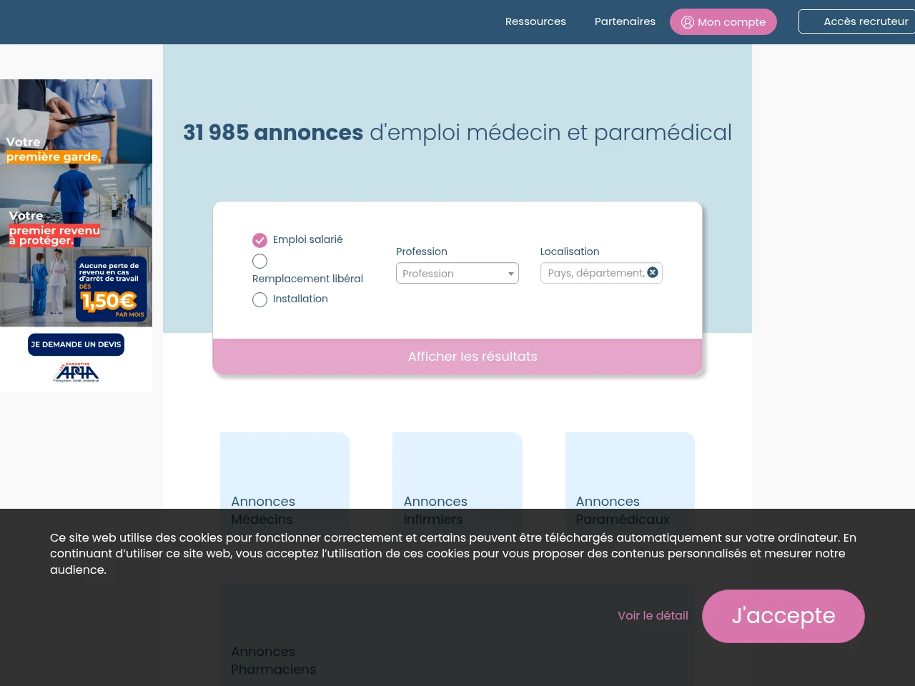 Annonces Médicales job board platform screenshot showing job search interface