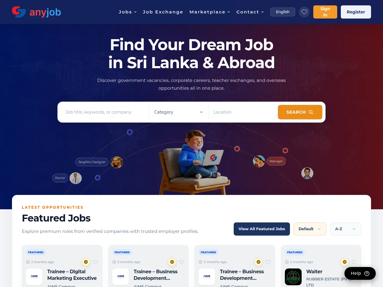 AnyJob.lk job board platform screenshot showing job search interface