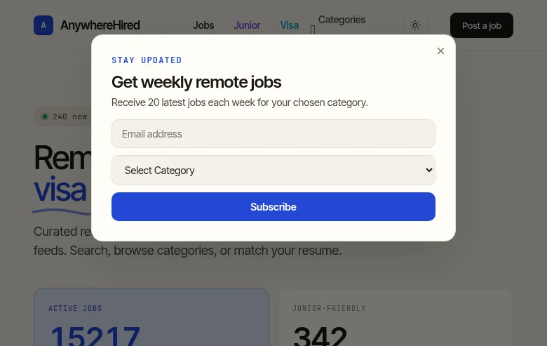 AnywhereHired job board platform screenshot showing job search interface