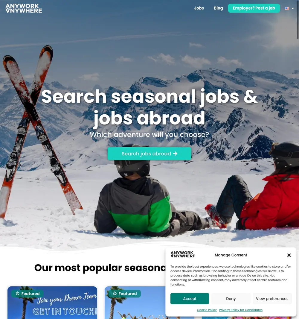 Anywork Anywhere job board platform screenshot showing job search interface