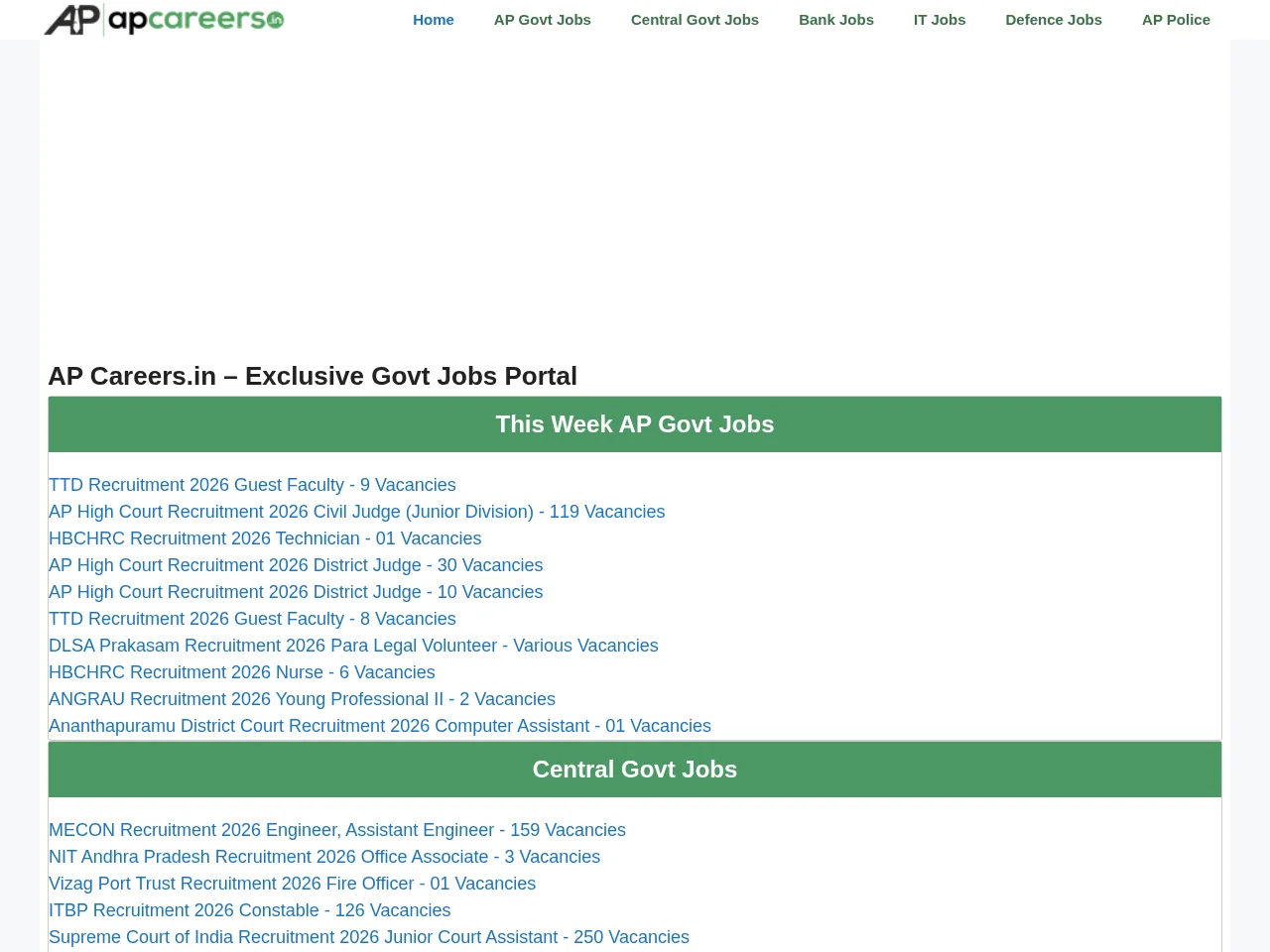 AP Careers.in job board platform screenshot showing job search interface