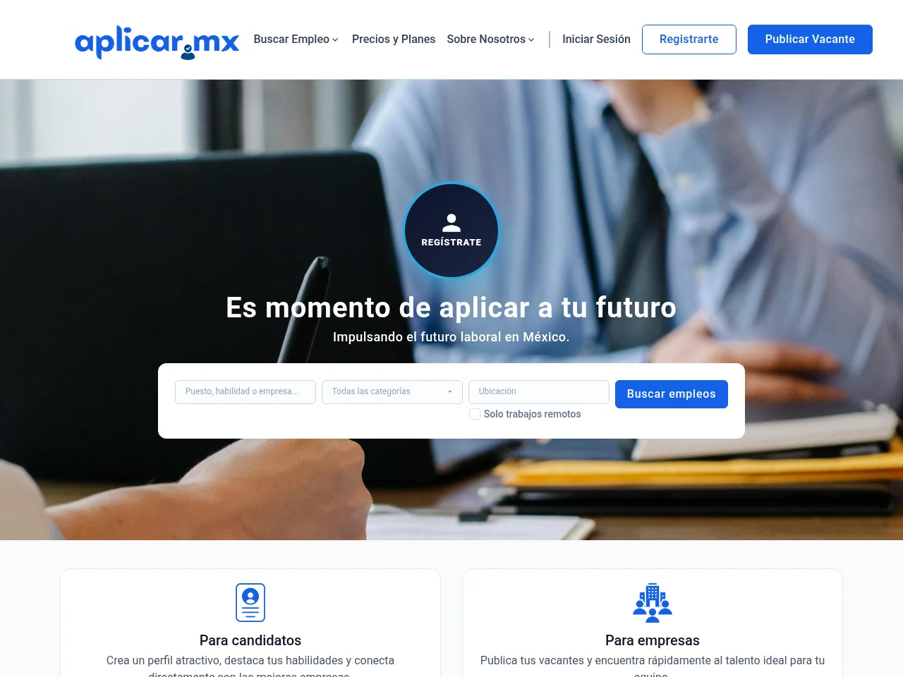 Aplicar.mx job board platform screenshot showing job search interface