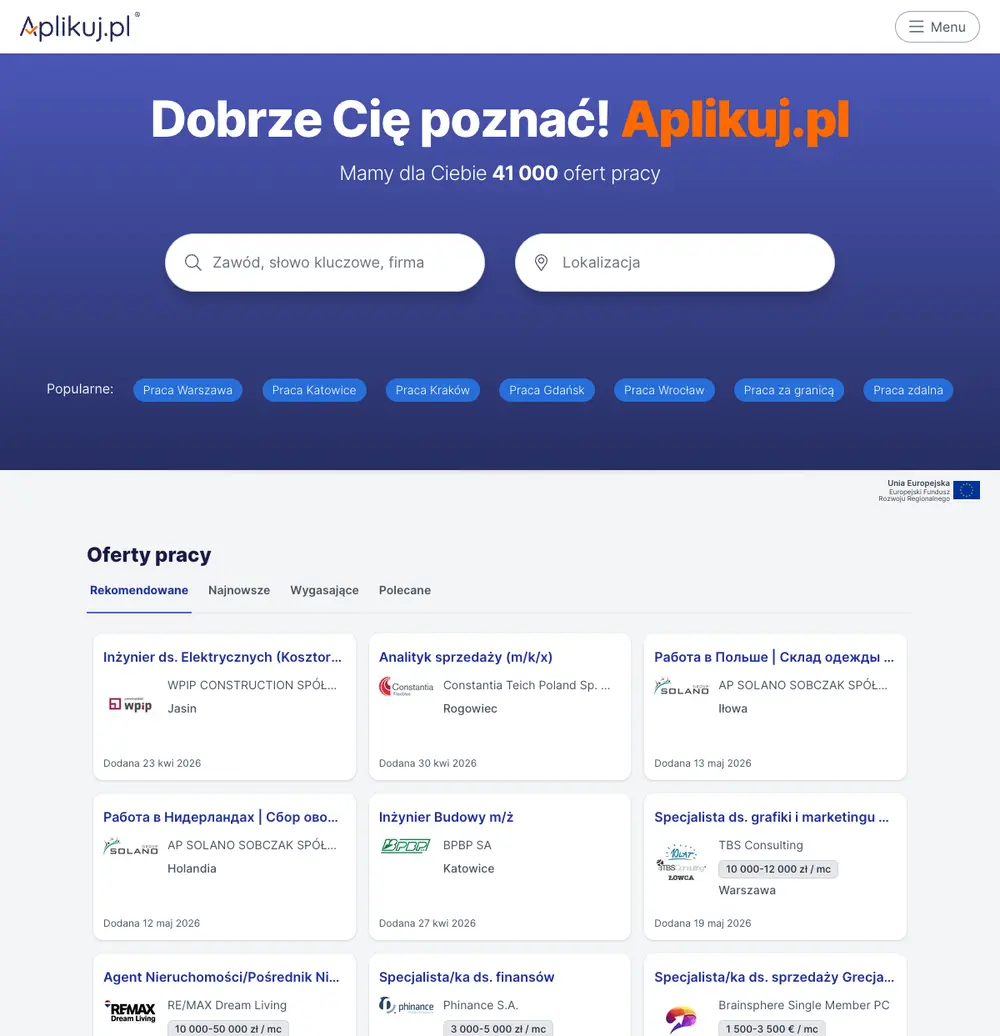 Aplikuj.pl job board platform screenshot showing job search interface