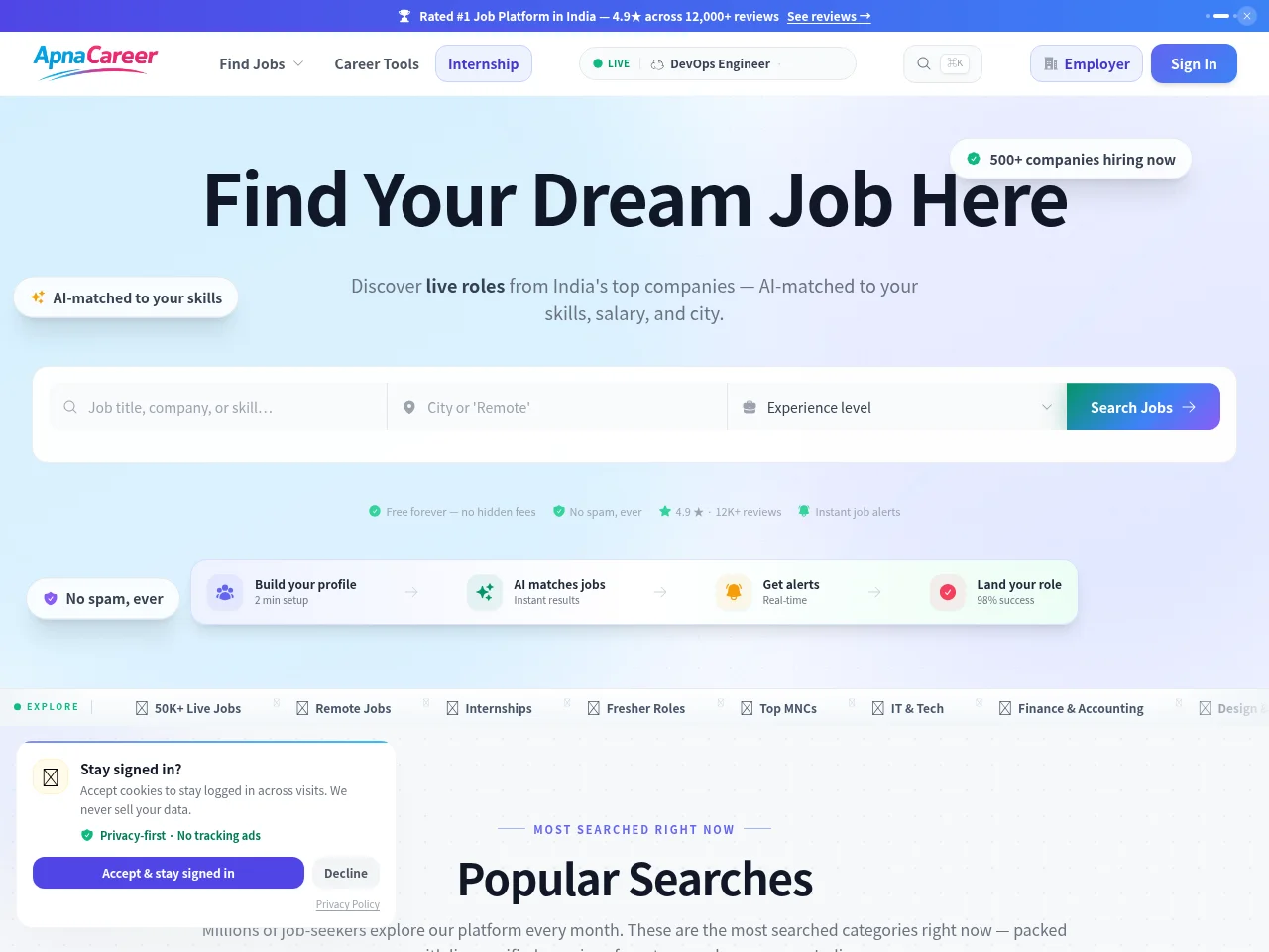 ApnaCareer job board platform screenshot showing job search interface