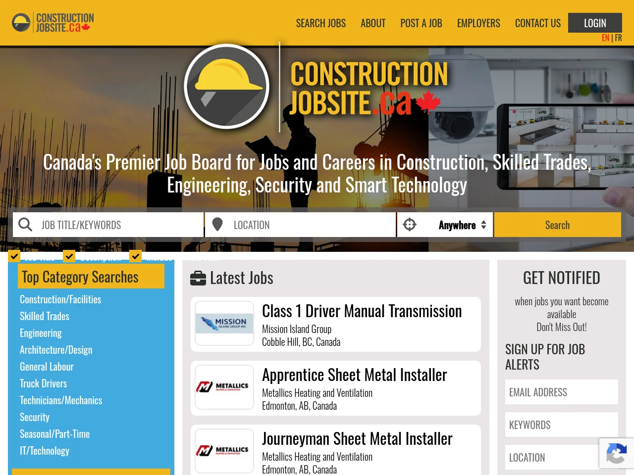 Construction Jobs Canada job board platform screenshot showing job search interface