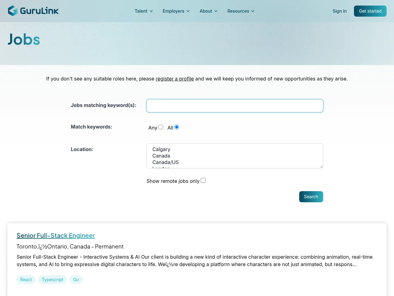 GuruLink screenshot GuruLink job board platform screenshot showing job search interface